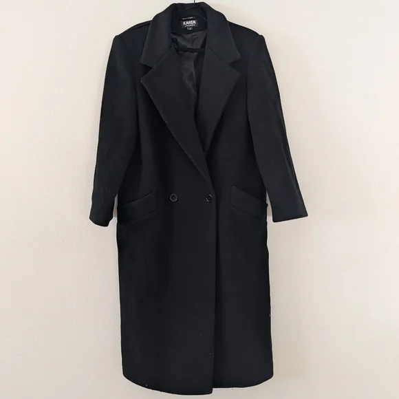 Karen Of Imported Fabric Black Long Wool Trench Coat Size 12 - Picture 4 of 9